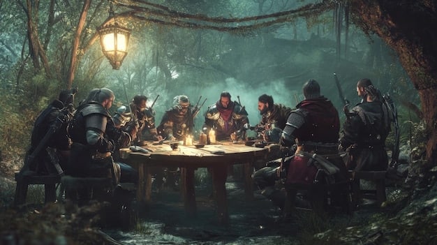 A panoramic shot of fans enthusiastically playing The Witcher Tabletop RPG at a gaming convention. The atmosphere is lively and engaging, with players immersed in the game.