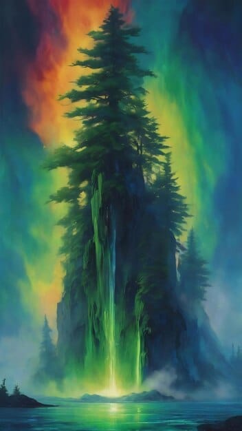 A high-quality digital painting of a lush, dense forest scene from The Witcher universe, possibly Brokilon, populated with fantastical creatures and ancient ruins. The lighting is dappled, creating an atmosphere of mystery and enchantment, with Witcher-esque details subtly incorporated into the environment.