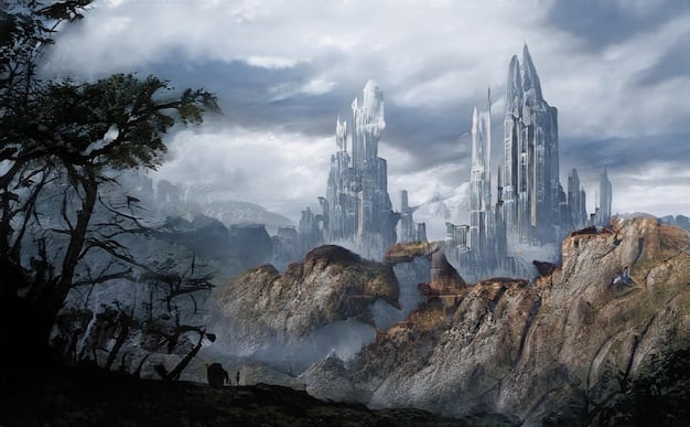 Concept art depicting a new region within the Witcher universe, possibly a mountainous area with unique architecture and mythical creatures, showcasing the expansion of the game world.
