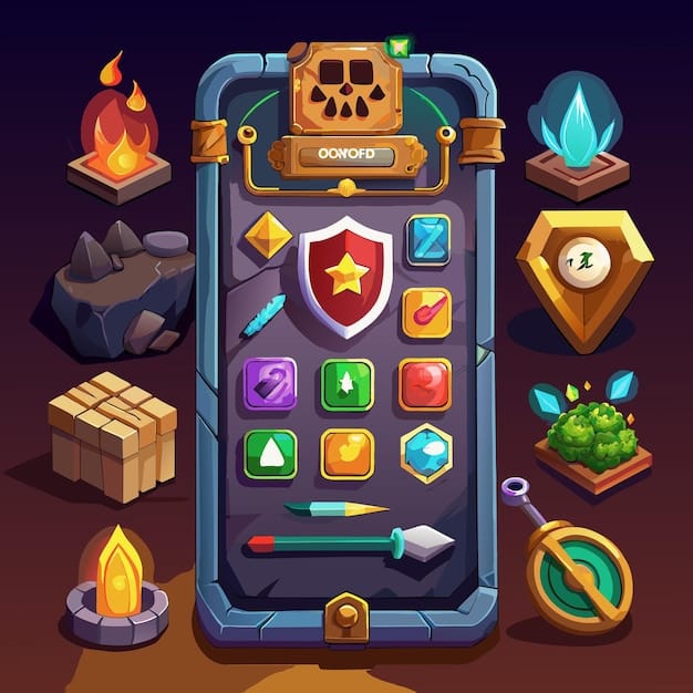 A conceptual art image displaying user interface elements of a mobile game set in the Witcher universe. Include elements like map, inventory, and quest log.