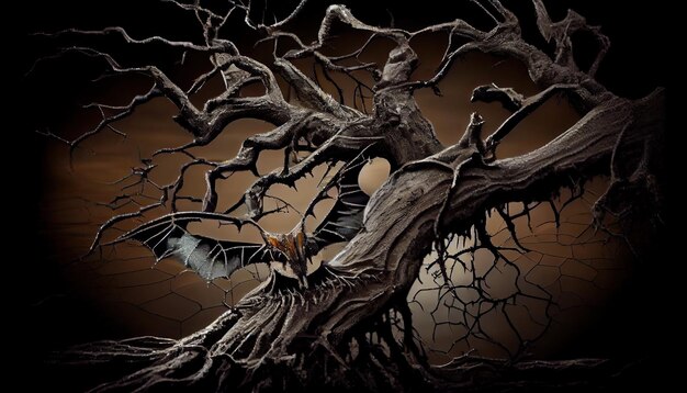 A detailed concept art of a Leshen from The Witcher, showcasing its intricate wooden and skeletal structure, glowing eyes, and imposing presence in a dark forest environment.