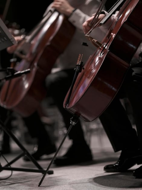 A wide shot of a live orchestra tuning their instruments before a performance. Instruments such as violins, cellos, and flutes are clearly visible. The lighting is soft and warm, creating anticipation and a sense of formality.