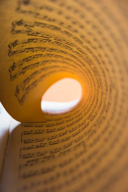 A close-up of sheet music with notes from a recognizable Witcher song, highlighted with golden lighting. The focus is on the intricate details of the musical notation.