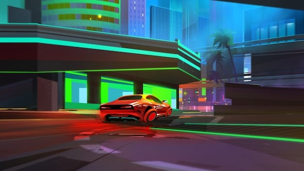 A screenshot from Cyberpunk 2077 showing a heavily modded vehicle speeding through Night City, juxtaposed with a subtle overlay representing the game's anti-cheat system.