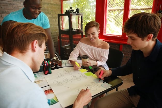 A collaborative team at CD Projekt Red is brainstorming ideas around a table filled with sketches and concept art, highlighting the open and creative environment within the company.