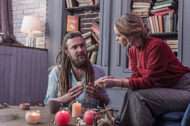 A person looking skeptical while a psychic medium is reading their palm, representing distrust and questioning of psychic abilities.