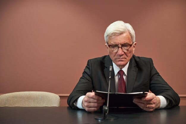 A judge looking thoughtfully at documents, implying deliberation over a case involving psychic fraud.