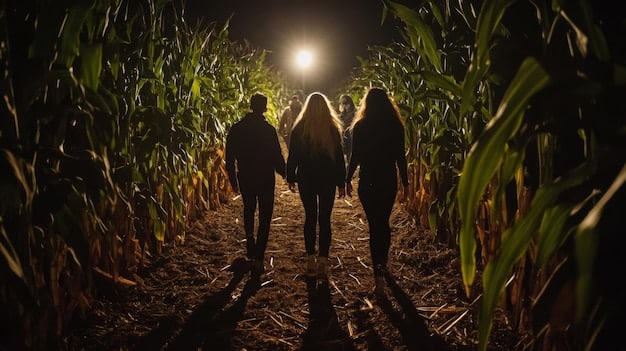 A group of people standing in a field at night, using planks and ropes to flatten the crops and create a crop circle under the cover of darkness, with flashlights illuminating their work.