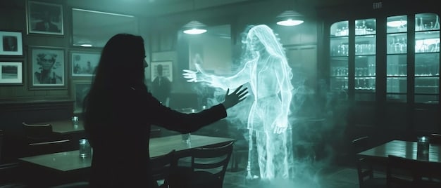 A split image: on one side, a scientist in a lab coat analyzing data; on the other, a paranormal investigator with a ghost-hunting device in a dark, cluttered room.