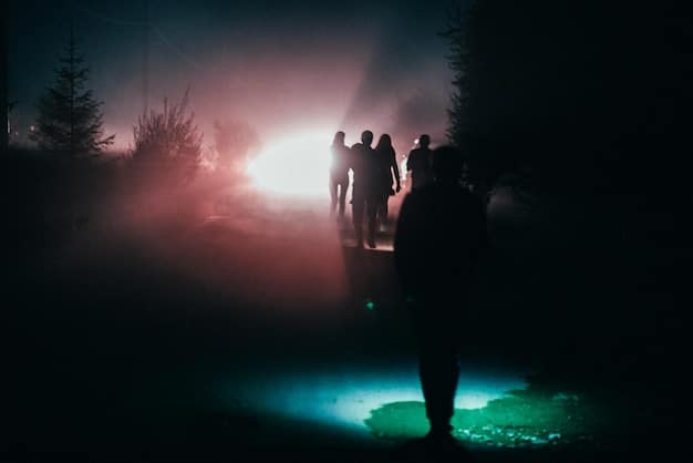 A group of amateur ghost hunters in a dark, abandoned building. One person is holding an EMF meter, another is recording audio with a handheld recorder, and a third person is taking notes on a tablet. The atmosphere is tense and expectant.