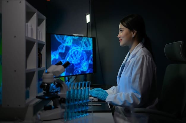 A scientist in a lab coat analyzing a DNA sequence on a computer screen. The background shows various lab equipment and samples, emphasizing the scientific rigor of the DNA analysis process.