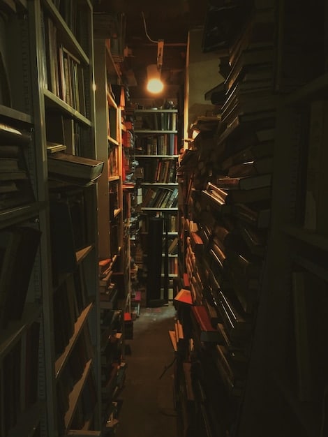 An old library with towering shelves full of ancient and leather-bound books, illuminated by soft light, with a central table displaying open volumes adorned with geometric symbols and handwritten notes.