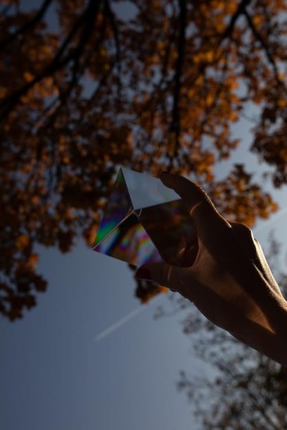 A hand holding a clear quartz crystal point, with sunlight streaming through it, creating a rainbow effect. The background is blurred, emphasizing the crystal's clarity and light.