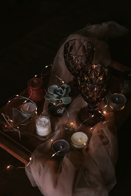 A close-up shot of various occult tools and ritual items, including a tarot deck, crystals, candles, and a chalice, arranged on an altar during a ritual setting.