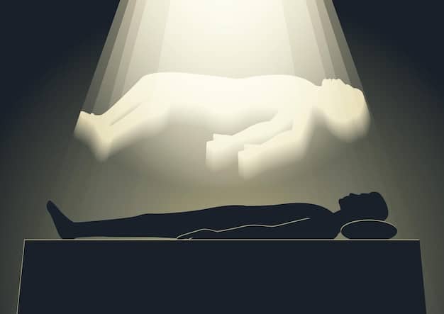 A person lying in bed, eyes closed, with a glowing silhouette of their body rising above them, representing the separation of the astral body.