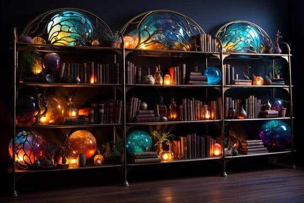 A bookshelf filled with books on spirituality, occultism, and astral projection, with one book highlighted in the center.