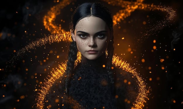 A still from a fantasy film, showing a dark sorceress surrounded by swirling dark energy. She is casting a spell with a powerful, malevolent expression on her face.