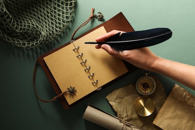 A person's hands carefully writing in a leather-bound journal with a feather quill. The journal is open to a page with detailed handwritten notes about herbal remedies and their uses in spellwork. There are various dried herbs scattered around the journal, along with a mortar and pestle.