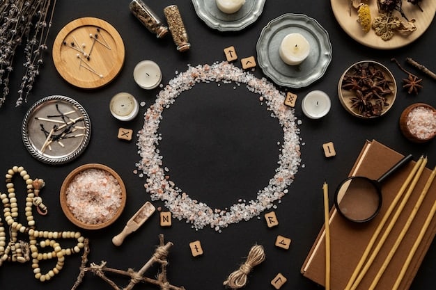 An overhead shot of a desk cluttered with various witchcraft tools, including crystals, tarot cards, candles, and an open Book of Shadows. The Book of Shadows is filled with colorful drawings and diagrams related to different magical practices. The overall aesthetic is mystical and creative.