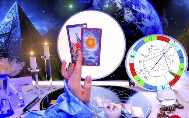 A futuristic depiction of an AI interface displaying tarot cards and astrological charts, with complex algorithms and data streams visible in the background. The image should convey a sense of mystery and technological sophistication.