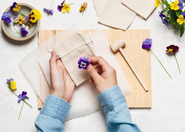 A person's hands carefully sewing a small pouch filled with herbs and crystals. The background is a softly lit workbench with various tools and materials scattered around.