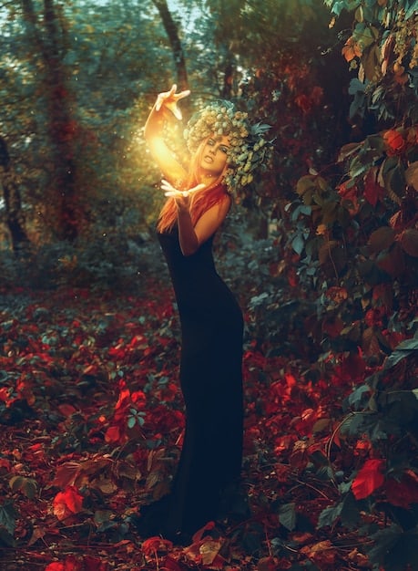 A serene and mystical image depicting a witch or Wiccan figure standing beneath a radiant Full Moon, holding a crystal or wand. The scene takes place in a lush forest clearing, with ancient trees surrounding the figure. The overall tone should be enchanting and magical, with soft lighting emphasizing the connection between the witch and the lunar energy.