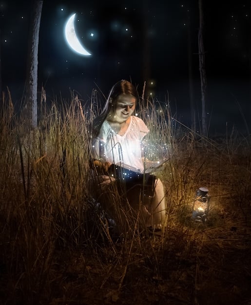 An evocative image capturing a witch or Wiccan performing a New Moon ritual. The scene is softly lit by candlelight, casting gentle shadows around the room. The witch is seated comfortably, surrounded by symbolic objects like crystals, herbs, and candles. Their eyes are closed, focused on inner reflection and intention setting. The overall atmosphere should be tranquil and filled with gentle, mystical energy.