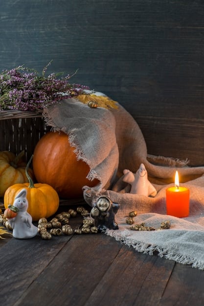 A warmly lit altar adorned with photos of ancestors, candles, autumn leaves, and pumpkins, set in a cozy and inviting room, symbolizing remembrance and honor during Samhain.