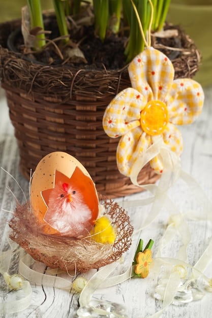 A basket filled with vibrantly decorated eggs and spring flowers, placed on a table in a sunlit garden, symbolizes the fertility and new beginnings associated with Ostara.
