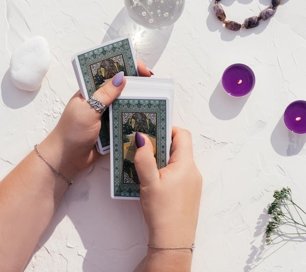 A person holding two different tarot decks side by side. One deck is the classic Rider-Waite-Smith, while the other features modern, minimalist designs. The background is a bookshelf filled with esoteric books.
