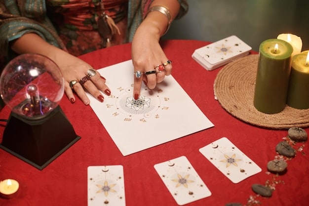 A person's hands carefully laying out tarot cards on a table. The cards are arranged in a Celtic Cross spread, and crystals are scattered around them. The lighting is soft and ethereal.