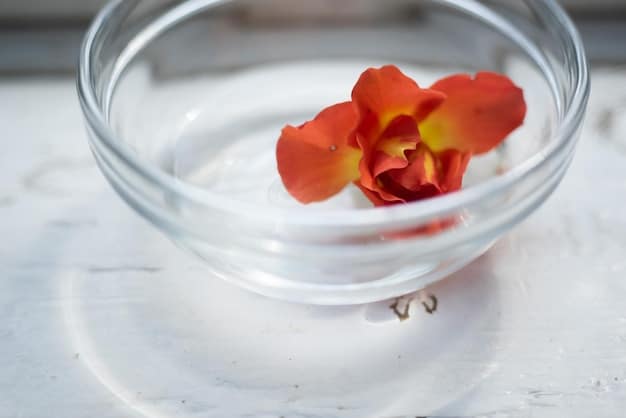 A close-up of an altar with a small dish of water containing flower petals, a lit incense stick releasing fragrant smoke, and a feather lying beside it. The background is blurred, focusing attention on the delicate details.