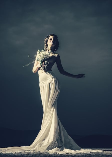 A vintage-style image of a woman in a long, flowing dress standing in a dimly lit room. She's holding a small, ornate mirror and gazing into it with a concentrated expression. The scene is filled with candles and other mystical objects, creating a serene and mysterious atmosphere.