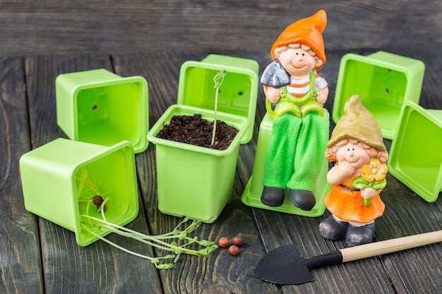A green witch carefully planting a seedling into rich soil, surrounded by various gardening tools and containers. The scene is set in a sunny, vibrant garden.