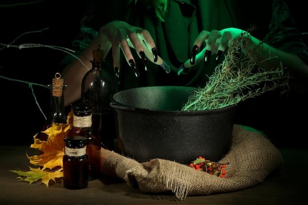 A witch's hand sprinkling dried herbs into a cauldron, surrounded by mystical tools and ingredients. The scene is lit by candlelight, creating a magical ambiance.