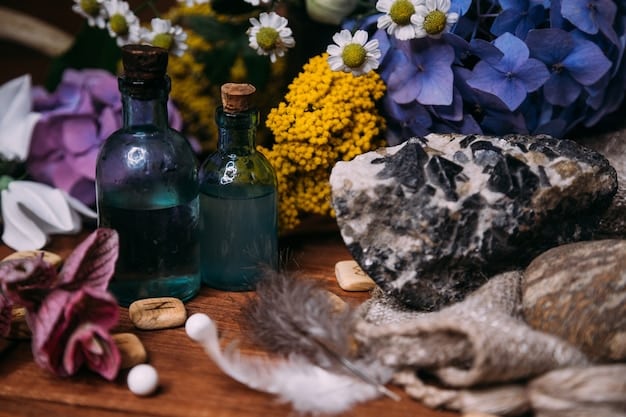 A close-up picture of an intricately decorated altar featuring various crystals, herbs, and a small statue of a deity, demonstrating a dedicated space for honoring and connecting with the divine.