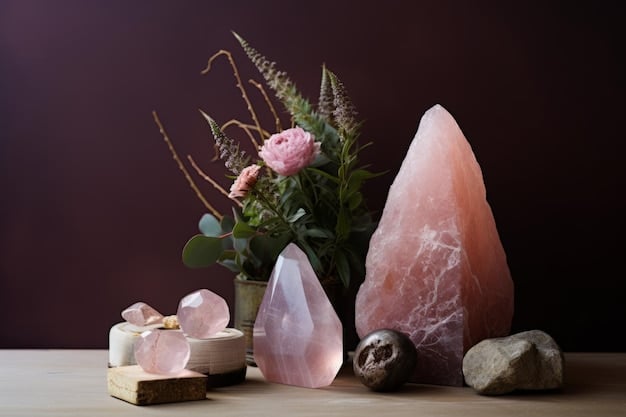 A brightly lit photograph displaying various crystals (amethyst, rose quartz, clear quartz) arranged around different shapes and sizes of glass bottles filled with water. The bottles are placed on a wooden table with sunlight pouring in, highlighting the clarity of the crystal elixirs.