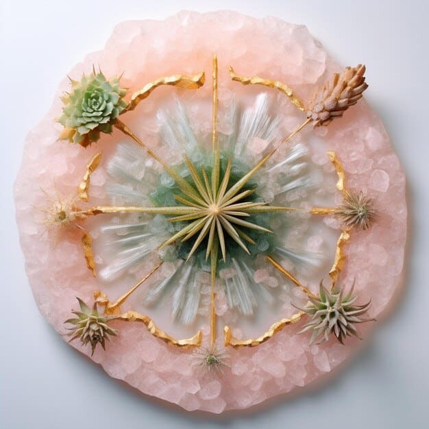 A crystal grid with rose quartz, rhodochrosite, and moonstone, arranged in a circular pattern. The image focuses on the soft, loving energy emanating from the grid.