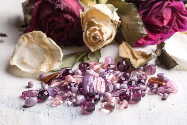 A visually appealing arrangement of various crystals (rose quartz, amethyst, citrine) laid out on a wooden surface alongside affirmation cards with empowering statements written on them. Soft, diffused lighting highlights the textures and colors of the crystals and cards.