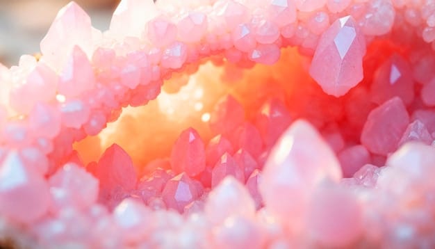 A close-up shot of a rose quartz crystal, softly glowing, with light refracting through its facets, symbolizing love and harmony, resting on a silk cloth with a blurred background of a couple embracing.