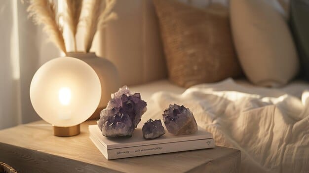 A harmonious arrangement of crystals including amethyst, rose quartz, and green aventurine on a bedside table, next to a lamp casting a soft glow, suggesting a peaceful and loving bedroom environment.