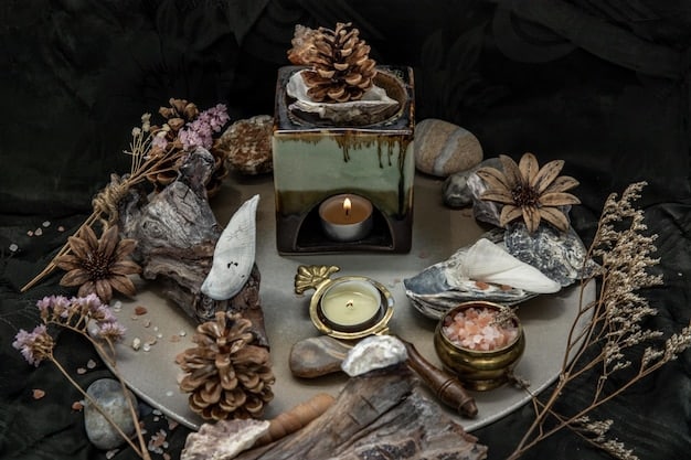 A close-up shot of a modern Wiccan altar adorned with candles, crystals, herbs, and tarot cards. The image showcases the tools and symbols used in Wiccan practices, highlighting the genuine spiritual nature often misunderstood in discussions about Witchcraft Legalization Efforts.