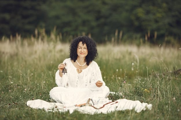A person sitting in a quiet, serene garden, meditating with eyes closed, surrounded by soft, warm light. This contrasts with the previous image, showing a way to replenish one's energy. This visually supports the idea of how to protect yourself related to Are Energy Vampires Real? Understanding the Phenomenon and How to Protect Yourself.