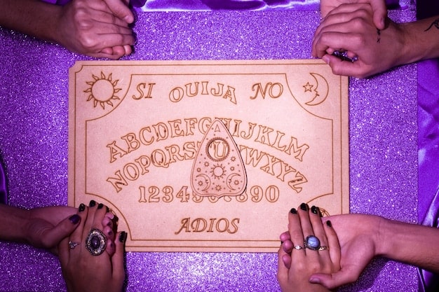 A close-up of a group of hands resting on a Ouija board planchette, with a soft, ethereal glow surrounding the board. The expressions on the faces are a mix of curiosity and apprehension, capturing the atmosphere of a Ouija board session. 