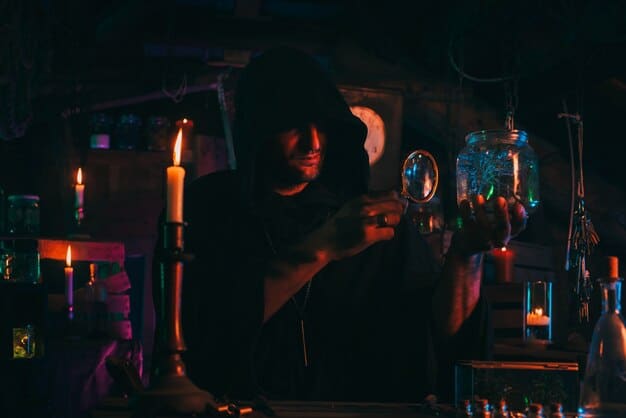 A split image contrasting a dark, dramatically lit Ouija board session with a person looking frightened on one side, and a brightly lit, scientific laboratory setting with researchers analyzing data on the other side. This visually represents the contrast between fear and rational investigation of the Ouija board phenomenon, aiming to highlight 