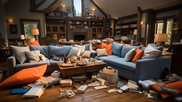 A photograph of a cluttered living room in disarray, with furniture overturned and objects scattered across the floor, indicative of a poltergeist disturbance. The image has a slightly grainy, unsettling aesthetic.