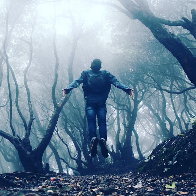 A dark and surreal image depicting a person running through a shadowy forest, pursued by monstrous figures. The image evokes feelings of fear and anxiety, representing the experience of having a nightmare. This relates to understanding what nightmares mean when practicing Dream Interpretation: Unlocking the Hidden Meanings of Your Nightmares.