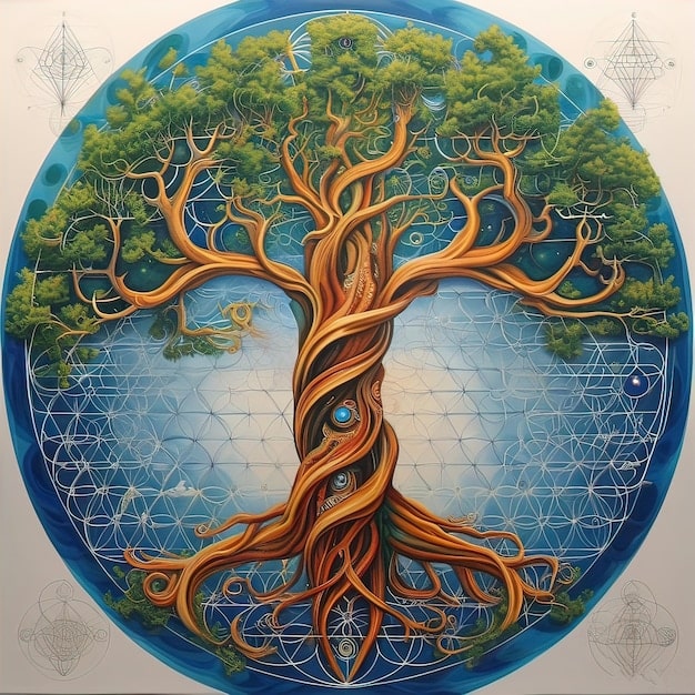 A detailed diagram of the Kabbalistic Tree of Life, with each Sephirah labeled in both Hebrew and English, alongside corresponding symbols and associations. The image showcases the complexity and interconnectedness of the Tree, central to Decoding the Kabbalah: A 2025 Review of Essential Texts for American Practitioners.