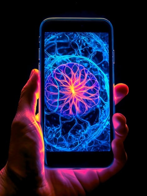 A digital rendering of a sigil glowing on a smartphone screen. The sigil is complex and colorful, with a futuristic aesthetic. The phone is held by a hand adorned with rings and bracelets, suggesting a tech-savvy modern witch. It captures the fusion of Austin Osman Spare's techniques with modern technology.