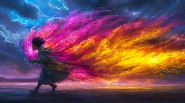 A person standing in a dream landscape, surrounded by vibrant colors and swirling energy, performing dream alchemy. The image showcases the transformative power of lucid dreaming and its potential for spiritual growth.